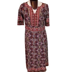 Monroe & Main Womens Dress Midi V Neck 3/4 Sleeve Stretch‎ Red Print Size Large